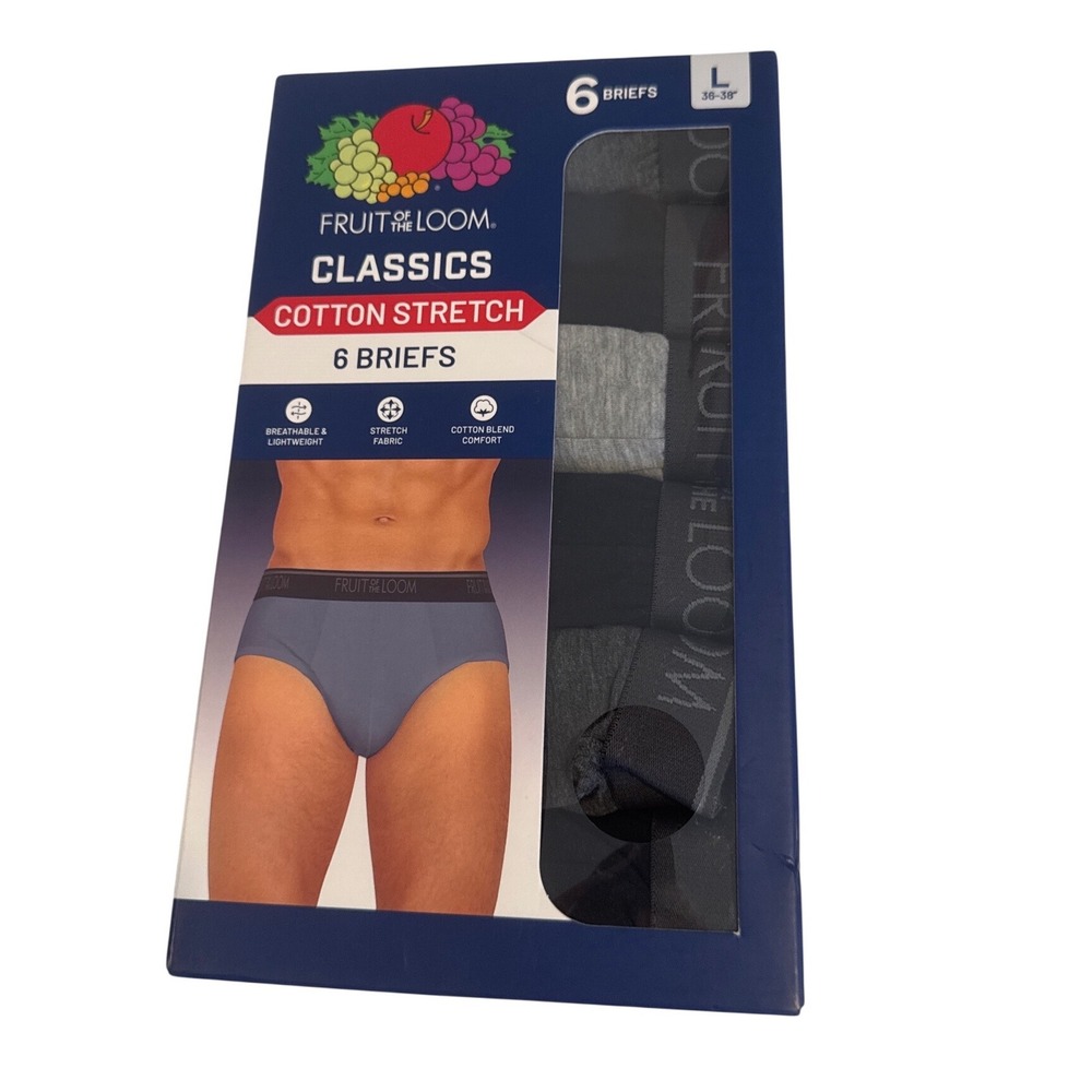 Fruit of the Loom Classic Cotton Stretch 6 Brief Multi Black Grey Blue Large NEW